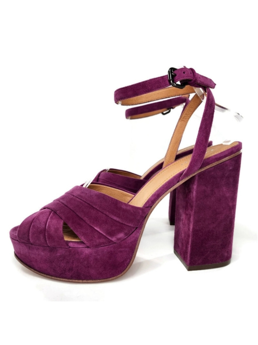 Coach Nikeeta Plum Purple Suede Ankle Wrap Block High Heel Platform Sandals - Picture 2 of 13